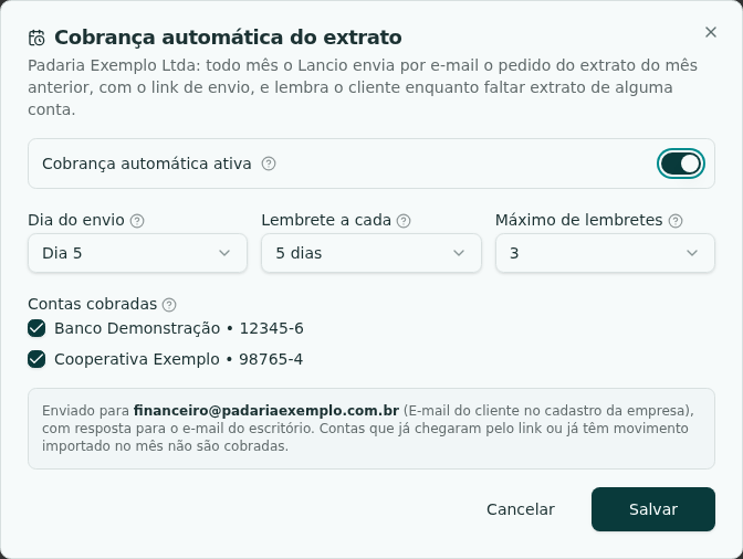 Janela Cobrança automática do extrato no Lancio, com dia do envio, intervalo dos lembretes, máximo de lembretes e contas cobradas (dados fictícios)